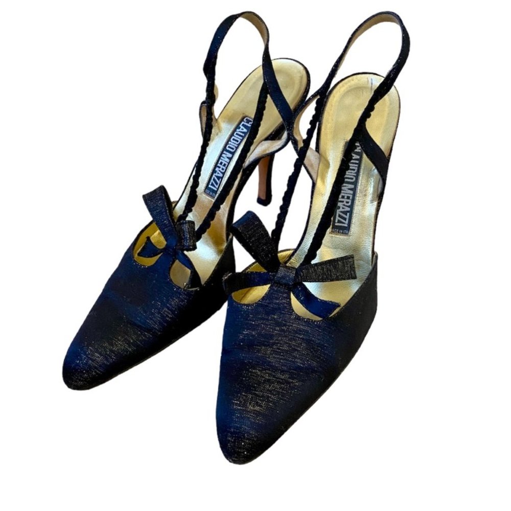 Claudio Merazzi Black with Gold Metallic Threads Slingback 3" Pumps Sz 7 #01